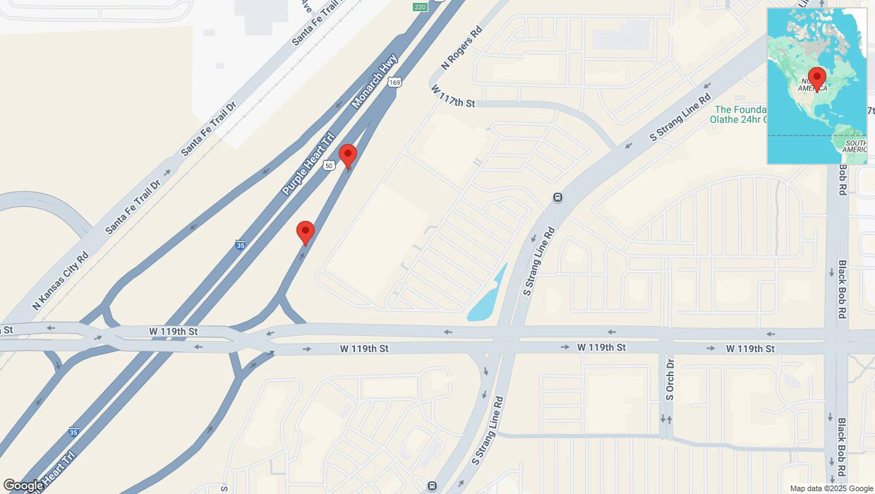 A detailed map that shows the affected road due to 'Broken down vehicle on South Strang Line Road in Olathe' on March 31st at 6:57 p.m.