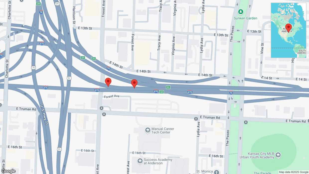 A detailed map that shows the affected road due to 'Broken down vehicle on eastbound I-70 in Kansas City' on March 31st at 8:30 p.m.