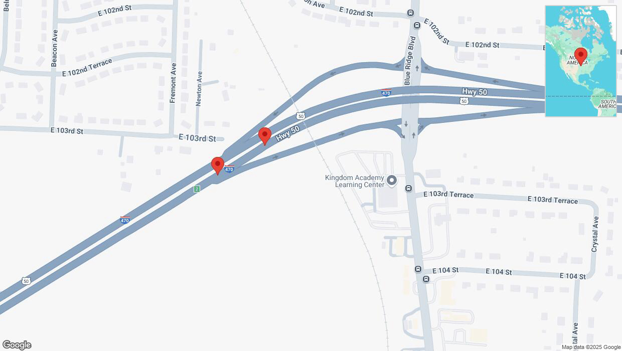 A detailed map that shows the affected road due to 'Broken down vehicle on eastbound I-470 in Kansas City' on March 31st at 8:59 p.m.