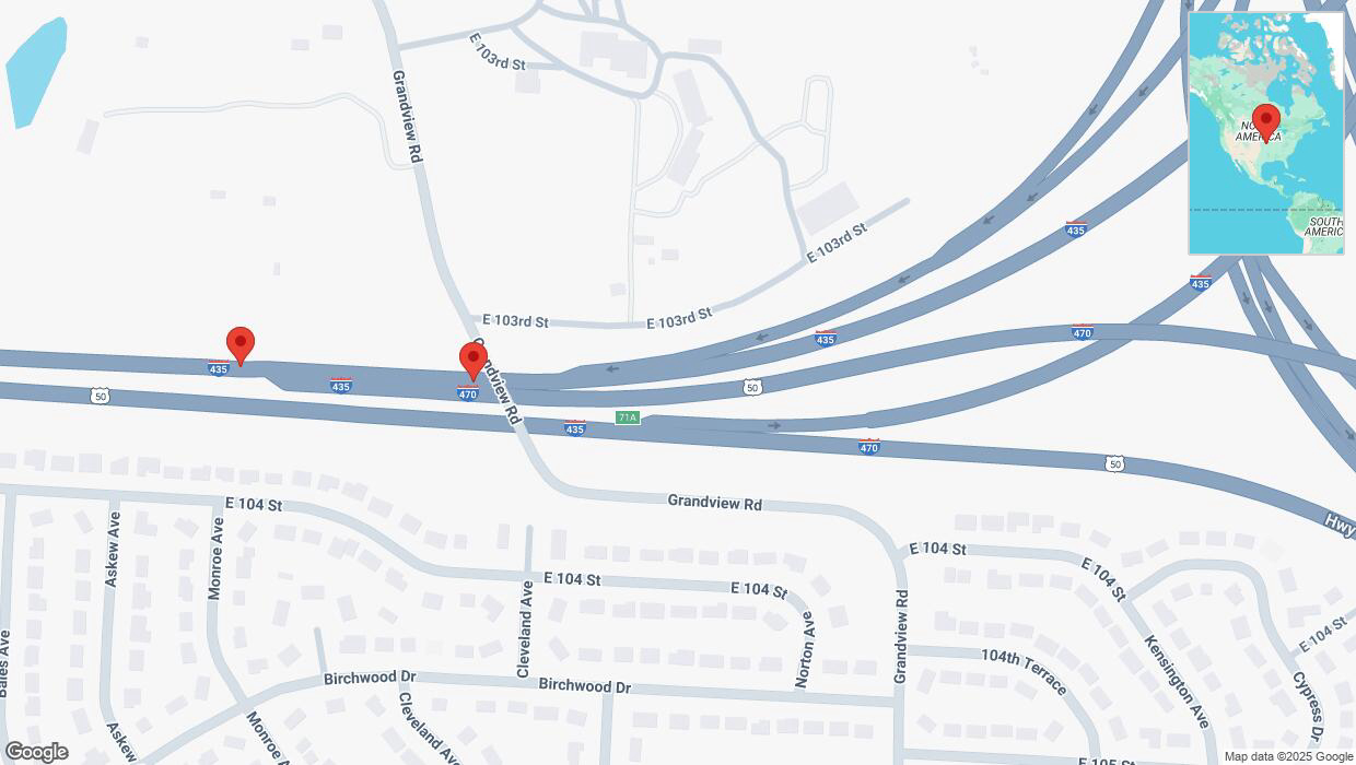 A detailed map that shows the affected road due to 'Broken down vehicle on southbound I-435 in Kansas City' on March 31st at 10:45 p.m.