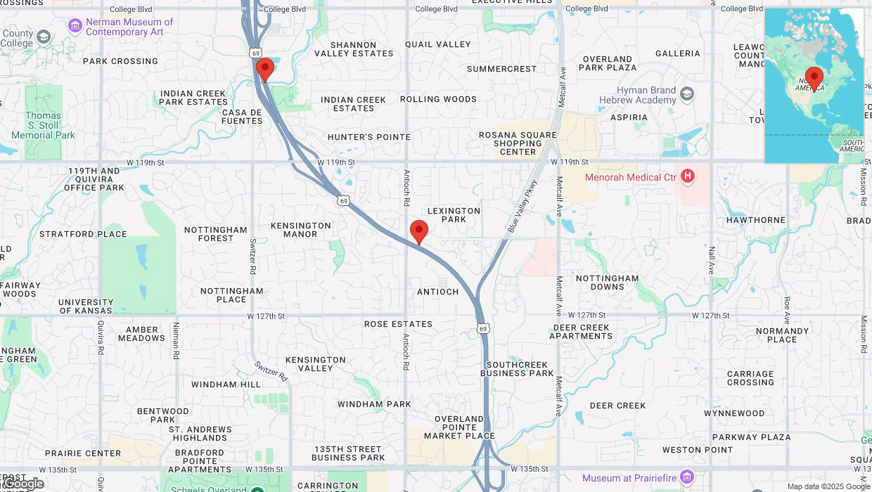 A detailed map that shows the affected road due to 'Lane on US-69 closed in Overland Park' on April 1st at 11:10 p.m.