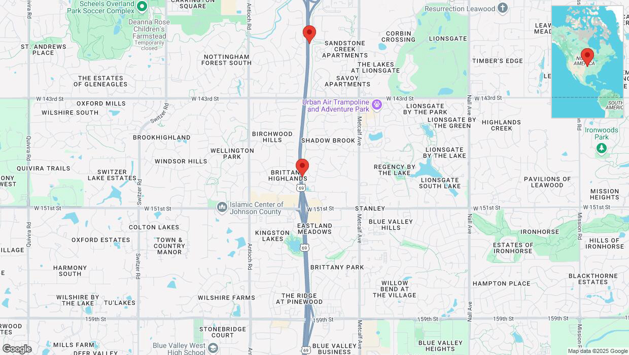 A detailed map that shows the affected road due to 'Lane on US-69 closed in Overland Park' on April 3rd at 5:14 p.m.