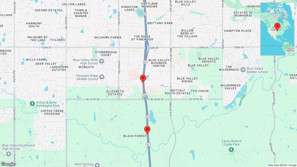 A detailed map that shows the affected road due to 'Lane on US-69 closed in Overland Park' on April 1st at 12:07 p.m.