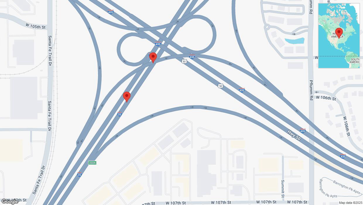 A detailed map that shows the affected road due to 'Broken down vehicle on eastbound I-35 in Lenexa' on April 1st at 1:39 p.m.