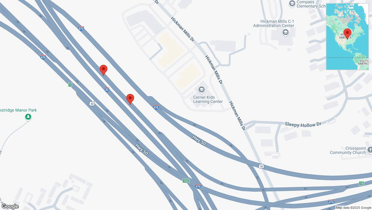 A detailed map that shows the affected road due to 'Broken down vehicle on northbound I-40/US-71 in Kansas City' on April 1st at 3:20 p.m.