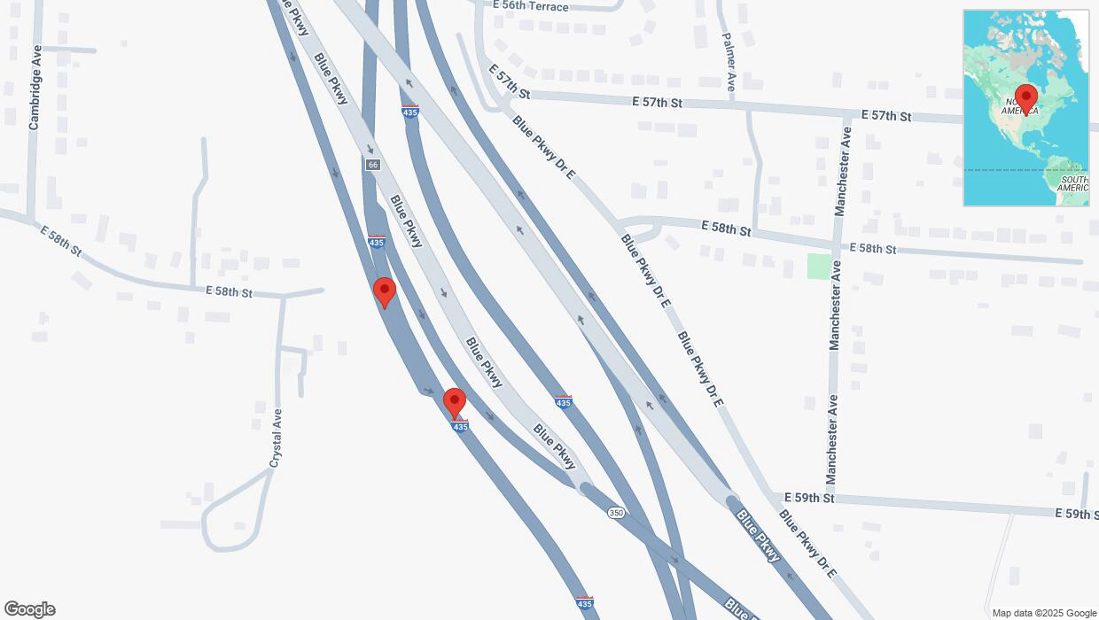 A detailed map that shows the affected road due to 'Warning in Kansas City: Crash reported on East 58 Street' on April 1st at 3:20 p.m.