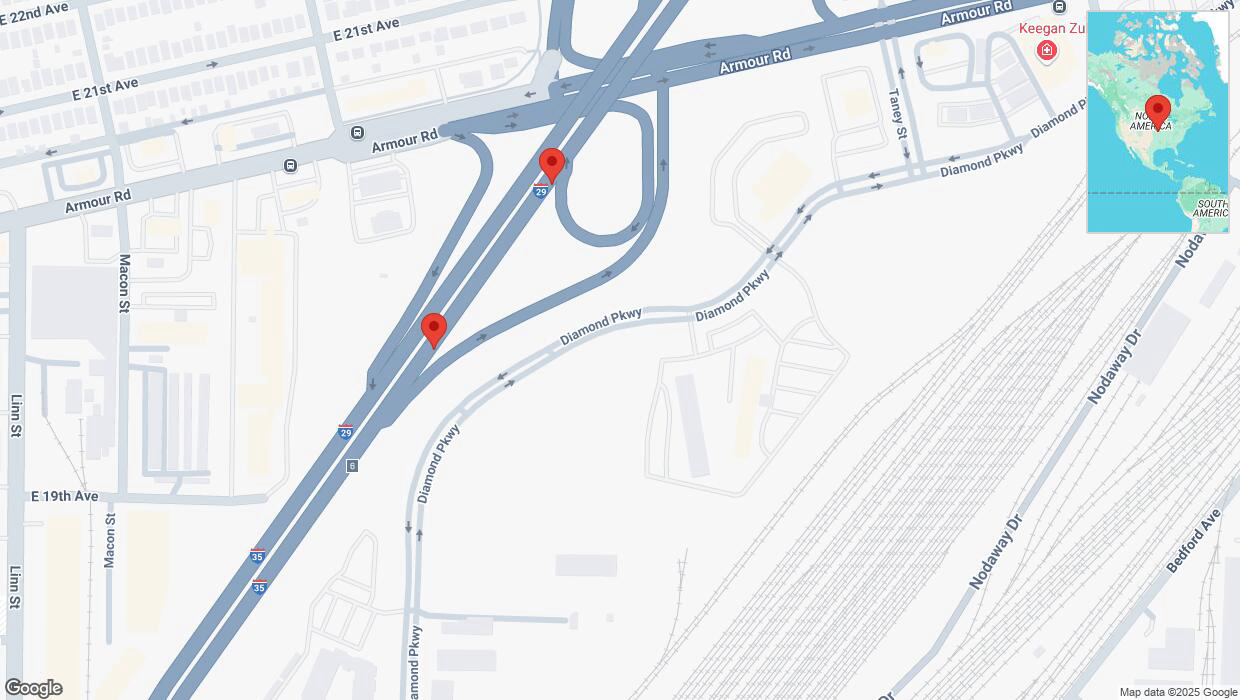 A detailed map that shows the affected road due to 'Broken down vehicle on northbound I-29/I-35 in North Kansas City' on April 1st at 3:53 p.m.