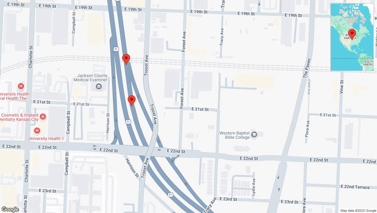 A detailed map that shows the affected road due to 'Broken down vehicle on northbound US-71 in Kansas City' on April 1st at 3:31 p.m.