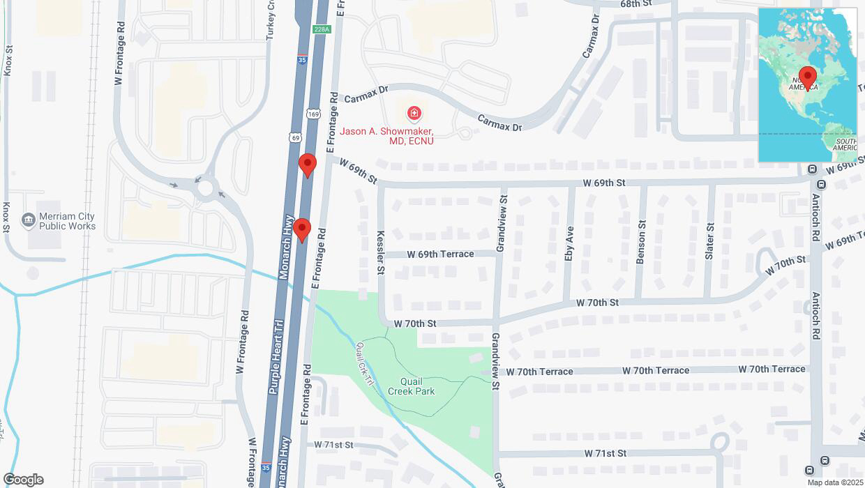 A detailed map that shows the affected road due to 'Broken down vehicle on eastbound I-35 in Overland Park' on April 1st at 4:51 p.m.