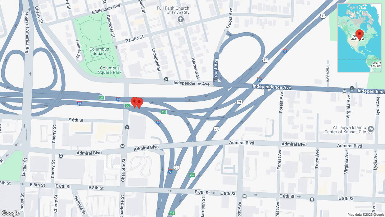 A detailed map that shows the affected road due to 'Broken down vehicle on eastbound I-35 in Kansas City' on April 1st at 4:51 p.m.