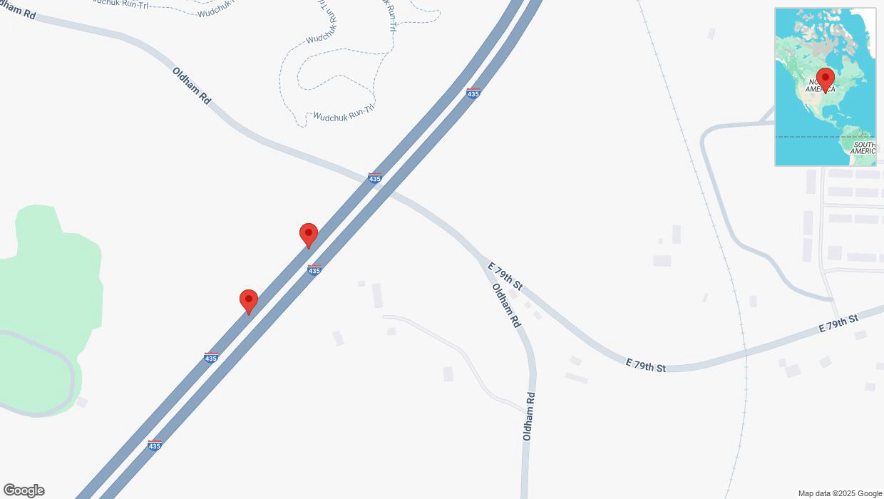 A detailed map that shows the affected road due to 'Broken down vehicle on southbound I-435 in Kansas City' on April 1st at 4:51 p.m.