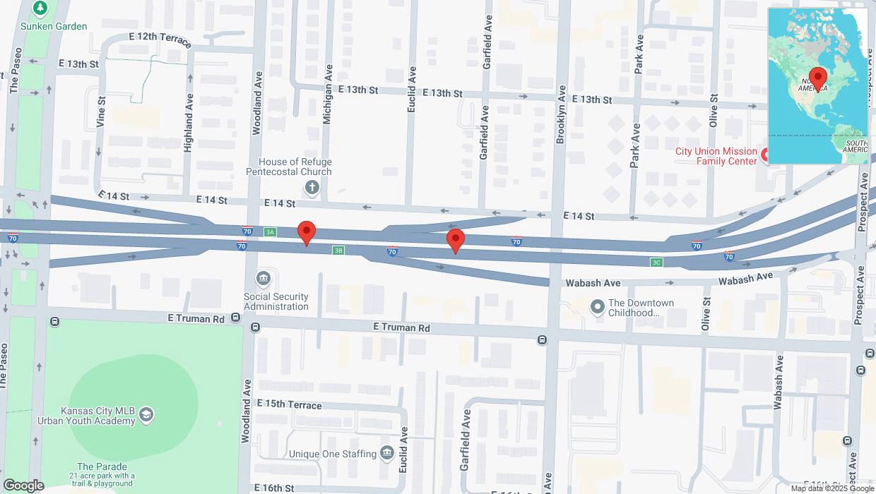 A detailed map that shows the affected road due to 'Warning in Kansas City: Crash reported on eastbound I-70' on April 1st at 5:09 p.m.