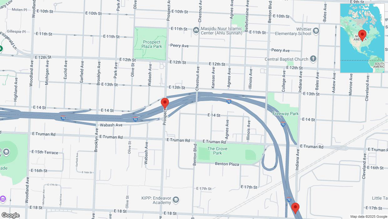A detailed map that shows the affected road due to 'Warning in Kansas City: Crash reported on eastbound I-70' on April 1st at 5:14 p.m.
