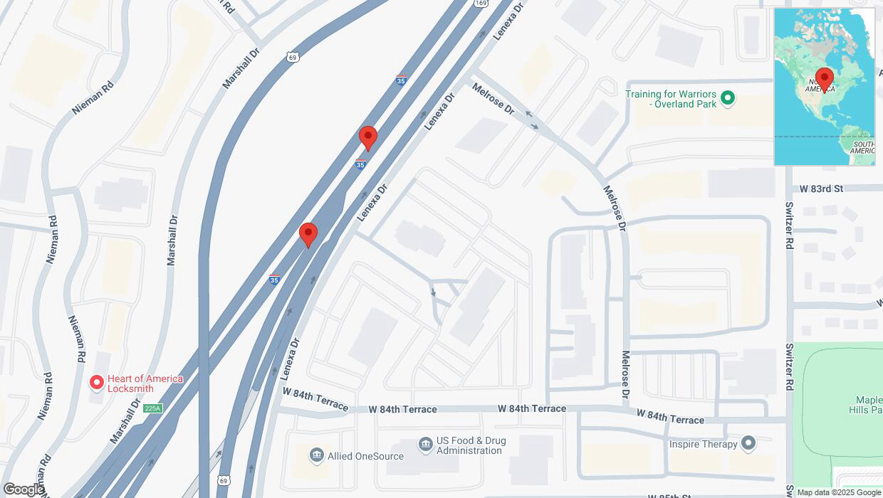 A detailed map that shows the affected road due to 'Broken down vehicle on northbound US-69 in Lenexa' on April 1st at 5:42 p.m.