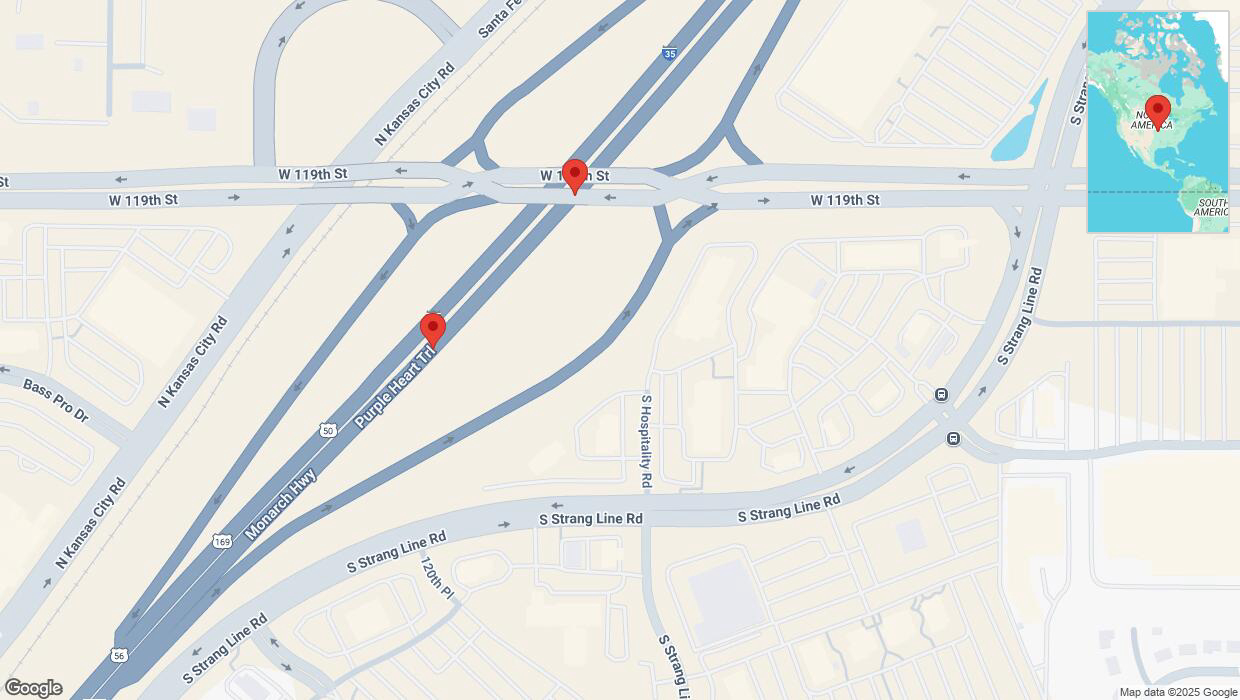 A detailed map that shows the affected road due to 'Broken down vehicle on eastbound I-35 in Olathe' on April 1st at 6:49 p.m.