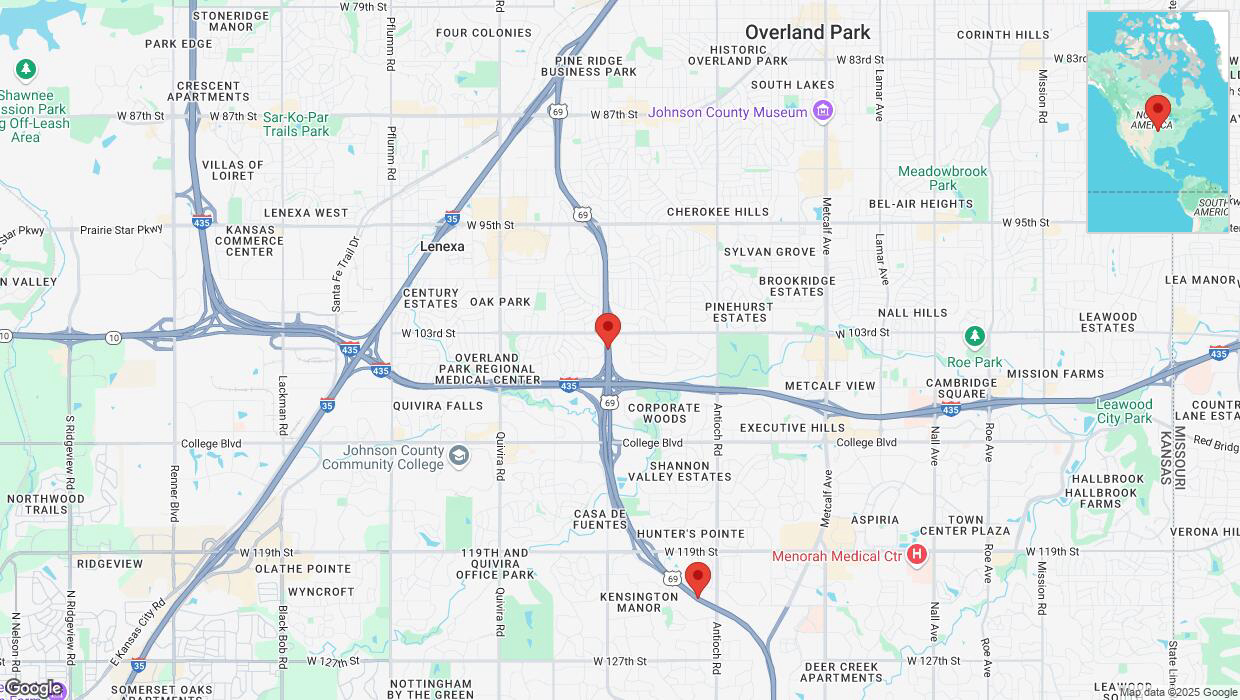 A detailed map that shows the affected road due to 'Lane on US-69 closed in Overland Park' on April 1st at 6:10 p.m.