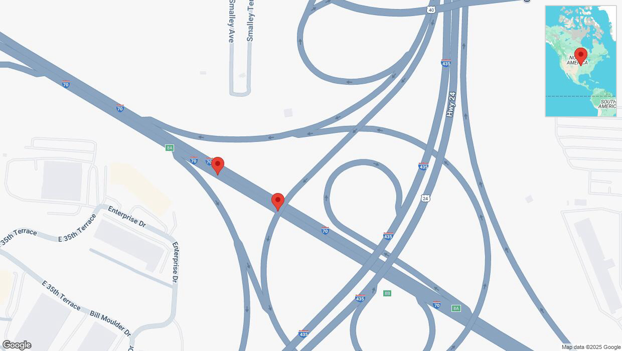 A detailed map that shows the affected road due to 'Broken down vehicle on eastbound I-70 in Kansas City' on April 1st at 7:07 p.m.