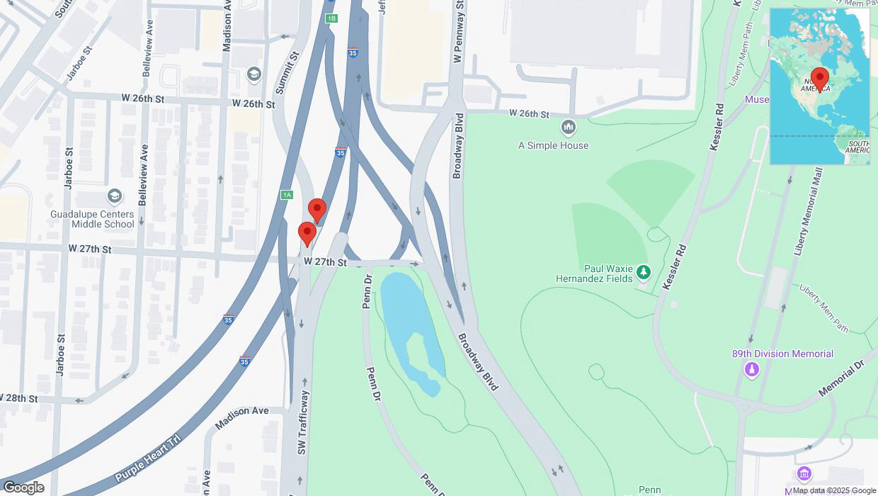 A detailed map that shows the affected road due to 'Broken down vehicle on northbound I-35 in Kansas City' on April 1st at 8:17 p.m.