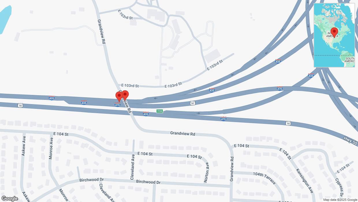 A detailed map that shows the affected road due to 'Broken down vehicle on East 104 Street in Kansas City' on April 1st at 10:19 p.m.