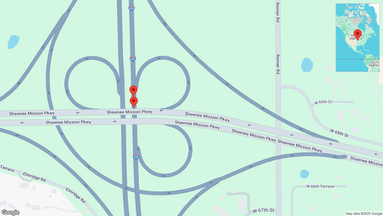 A detailed map that shows the affected road due to 'Broken down vehicle on northbound I-435 in Shawnee' on April 3rd at 1:54 p.m.