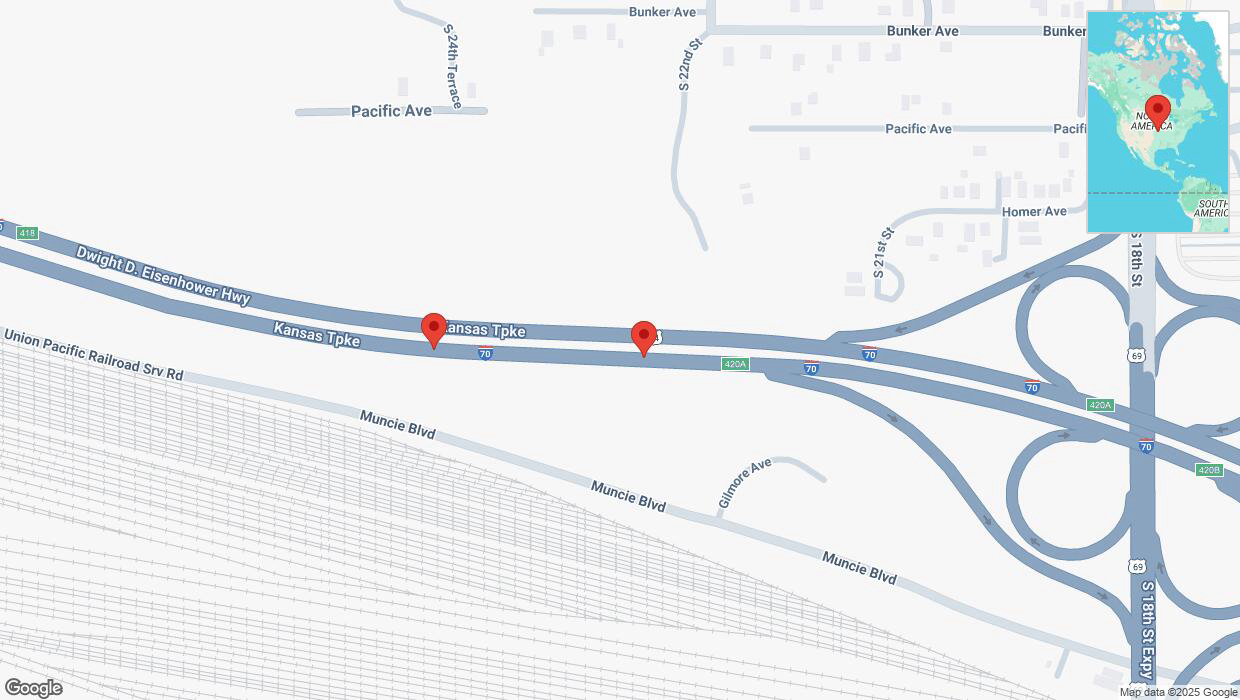 A detailed map that shows the affected road due to 'Broken down vehicle on eastbound I-70 in Kansas City' on April 3rd at 9:07 p.m.