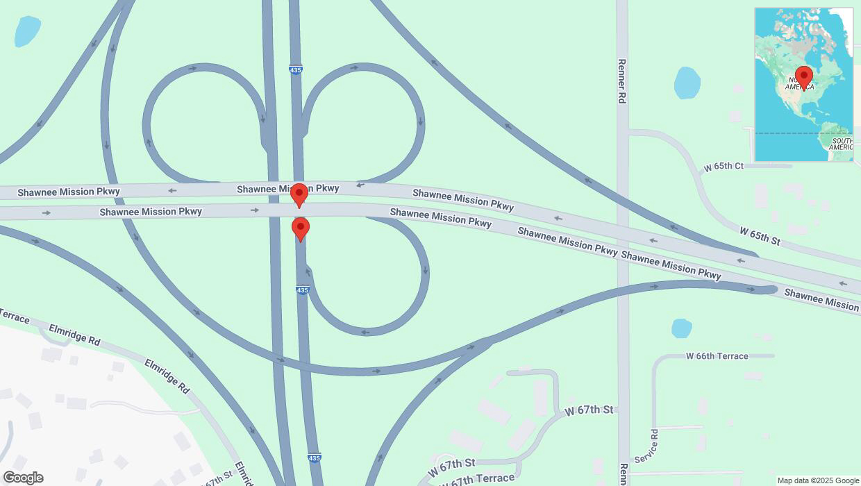 A detailed map that shows the affected road due to 'Broken down vehicle on northbound I-435 in Shawnee' on April 2nd at 12:24 p.m.
