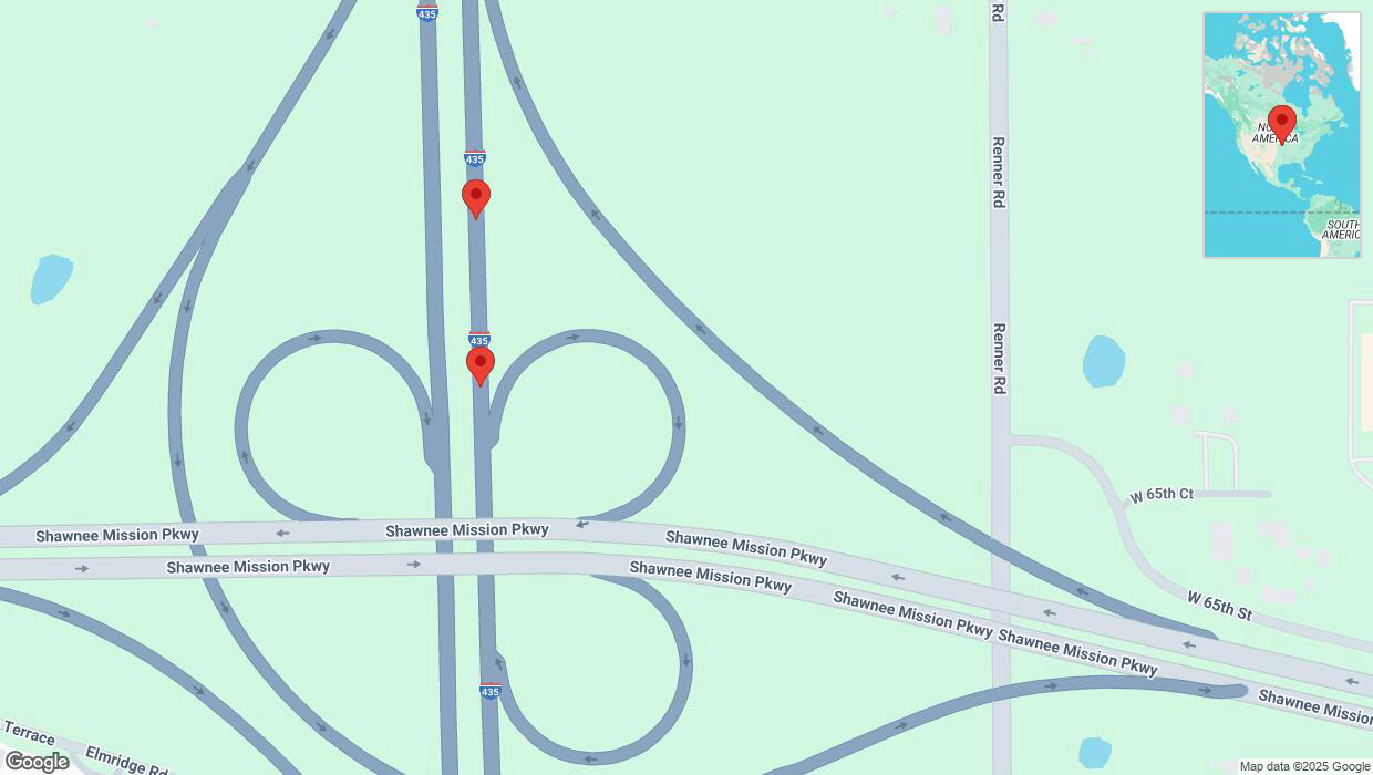 A detailed map that shows the affected road due to 'Broken down vehicle on northbound I-435 in Shawnee' on April 2nd at 12:57 p.m.