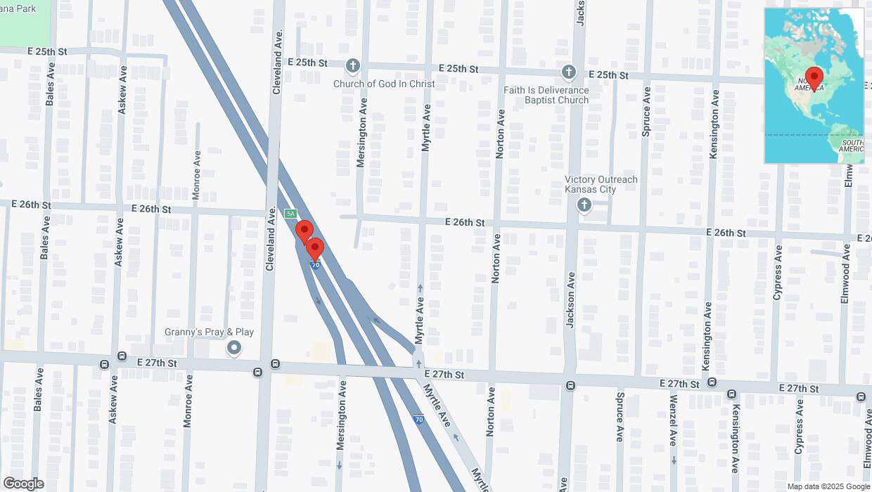 A detailed map that shows the affected road due to 'Broken down vehicle on eastbound I-70 in Kansas City' on April 2nd at 3:34 p.m.