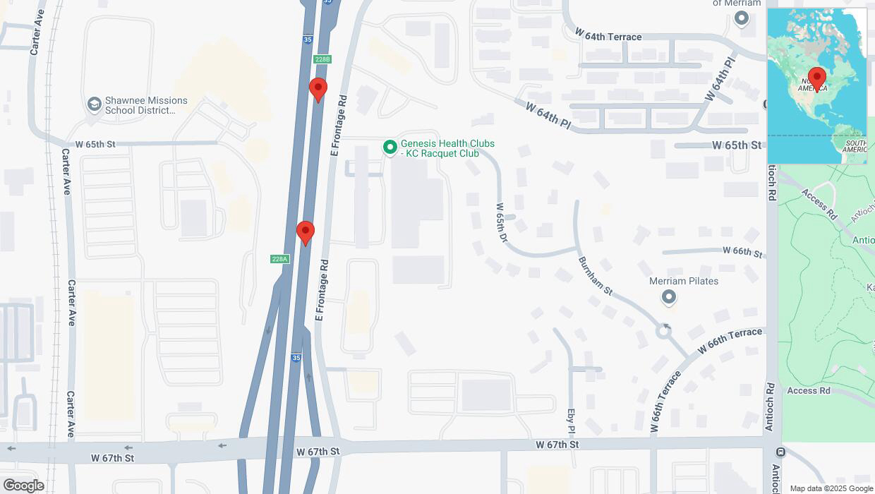 A detailed map that shows the affected road due to 'Broken down vehicle on eastbound I-35 in Merriam' on April 2nd at 2:58 p.m.