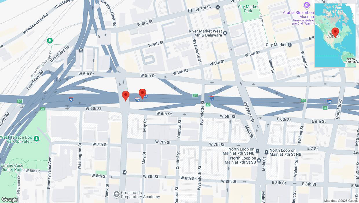 A detailed map that shows the affected road due to 'Warning in Kansas City: Crash reported on northbound I-35' on April 2nd at 2:29 p.m.