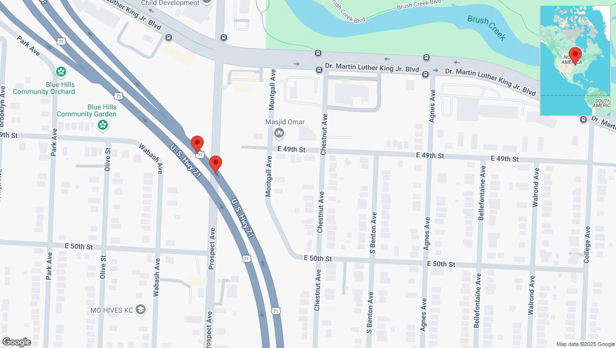 A detailed map that shows the affected road due to 'Broken down vehicle on northbound the Bruce R Watkins Expressway/US-71 in Kansas City' on April 2nd at 3:51 p.m.