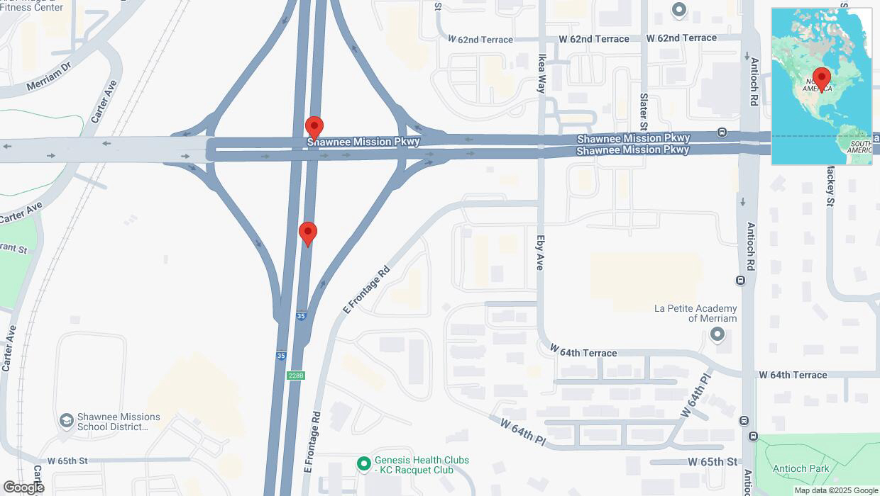 A detailed map that shows the affected road due to 'Broken down vehicle on northbound I-35 in Merriam' on April 2nd at 4:26 p.m.