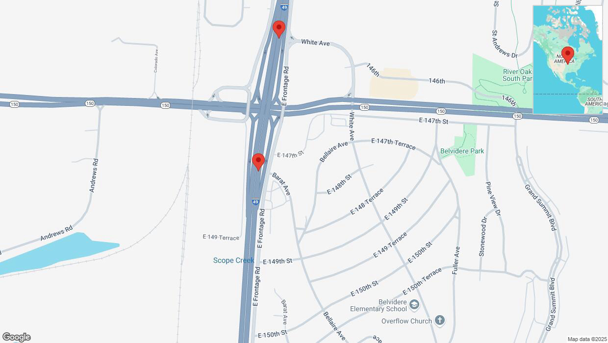 A detailed map that shows the affected road due to 'Broken down vehicle on northbound I-40/US-71 in Grandview' on April 2nd at 4:14 p.m.