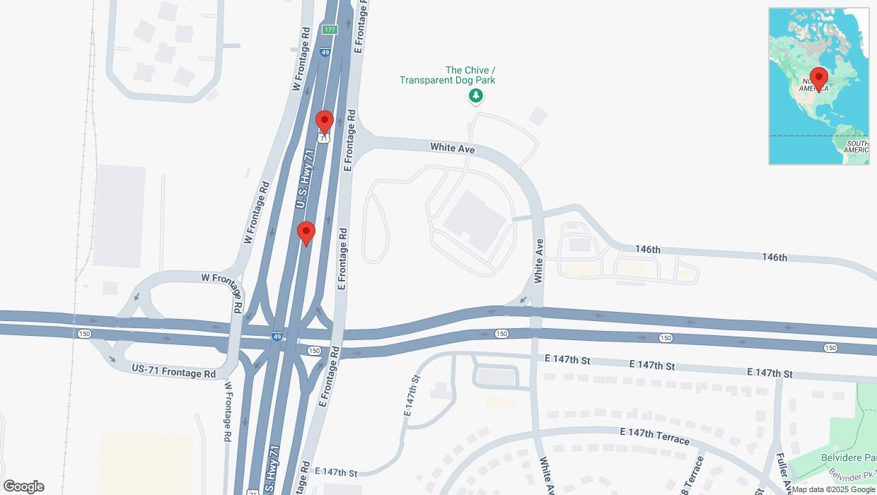 A detailed map that shows the affected road due to 'Broken down vehicle on northbound I-40/US-71 in Grandview' on April 2nd at 4:20 p.m.