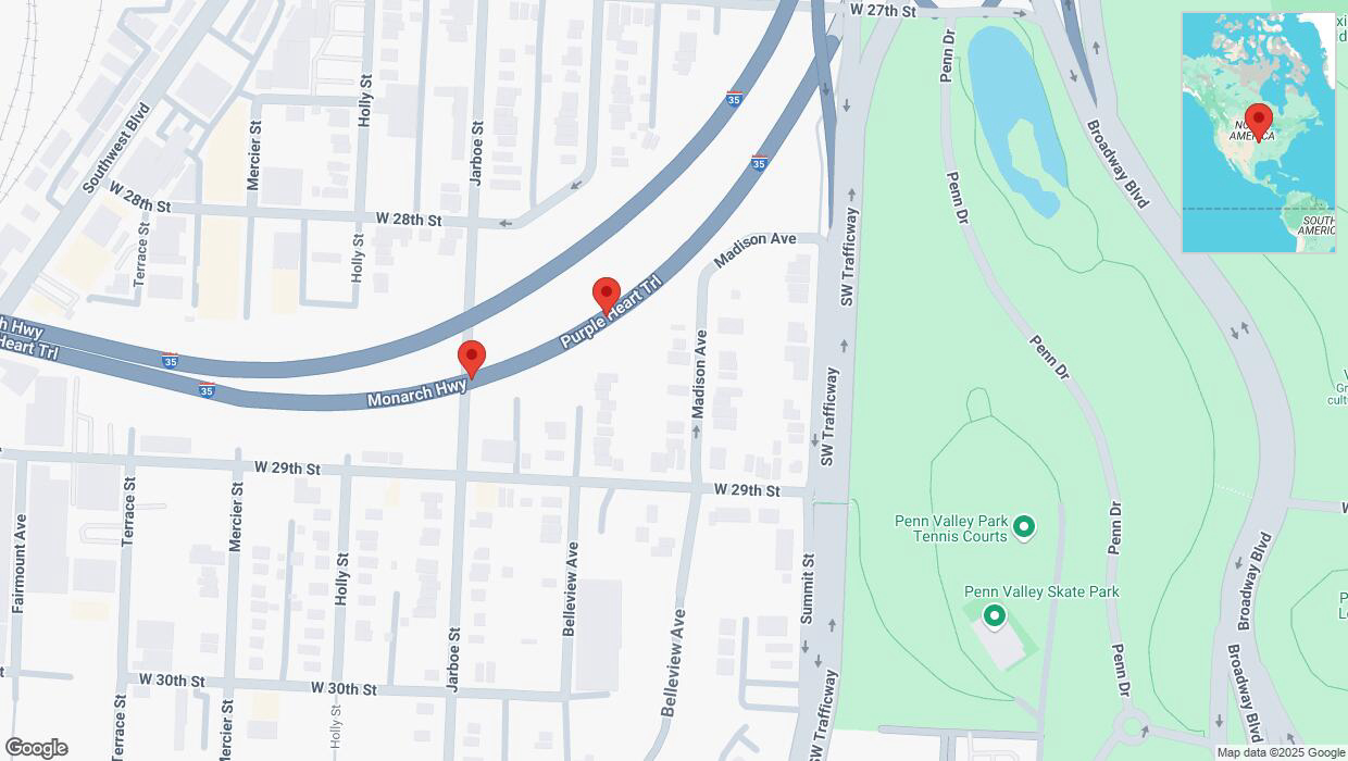 A detailed map that shows the affected road due to 'Broken down vehicle on northbound I-35 in Kansas City' on April 2nd at 7:03 p.m.