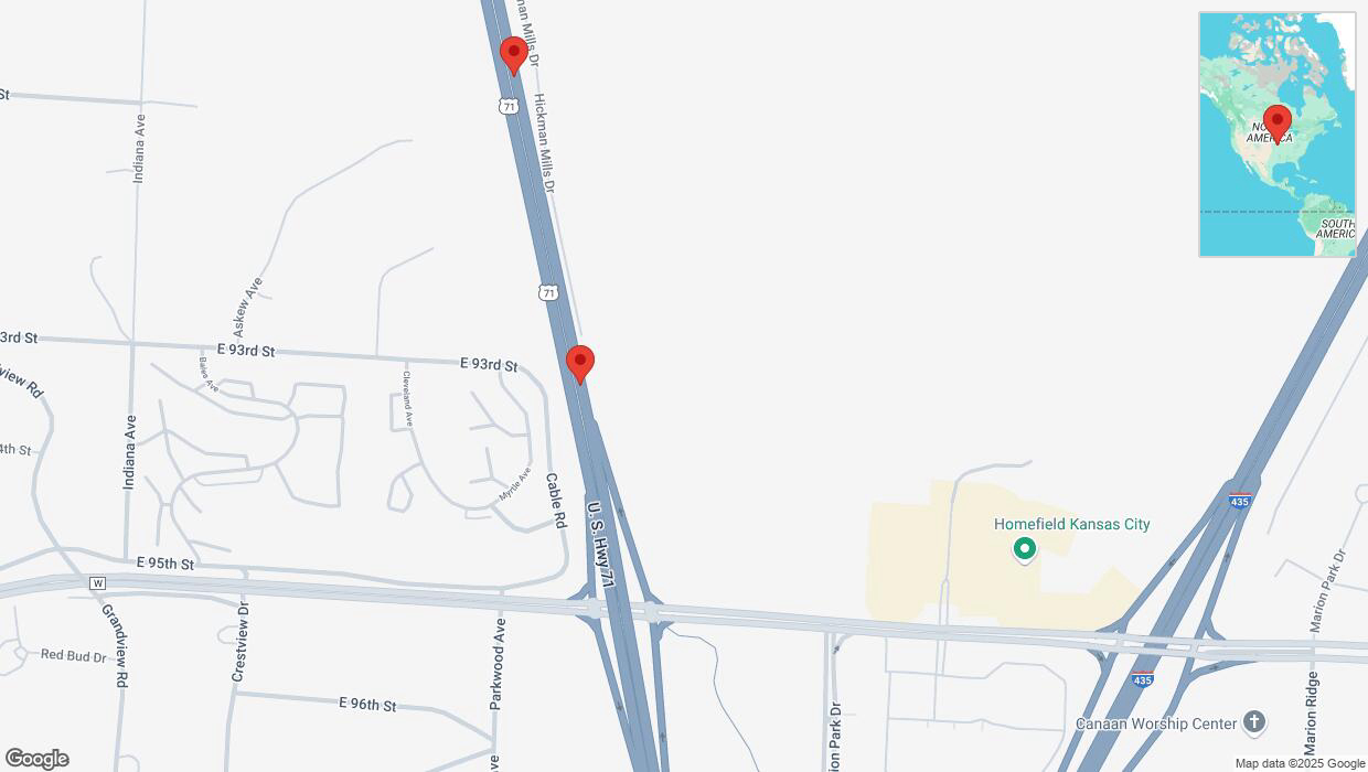 A detailed map that shows the affected road due to 'Broken down vehicle on northbound I-40/US-71 in Kansas City' on April 2nd at 6:23 p.m.