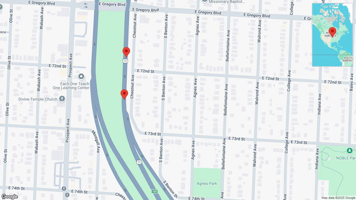 A detailed map that shows the affected road due to 'Broken down vehicle on northbound US-71 North in Kansas City' on April 2nd at 7:03 p.m.
