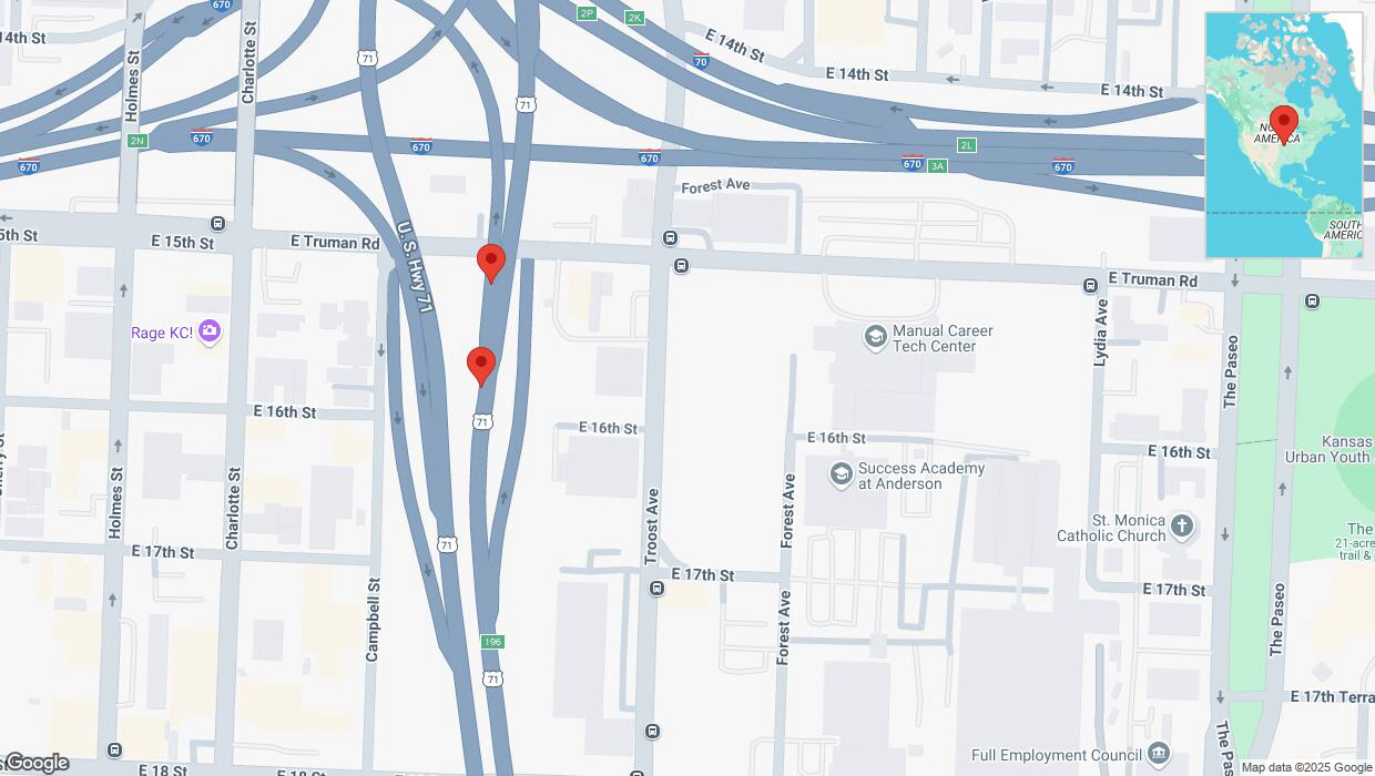 A detailed map that shows the affected road due to 'Broken down vehicle on East 16th Street in Kansas City' on April 2nd at 7:03 p.m.