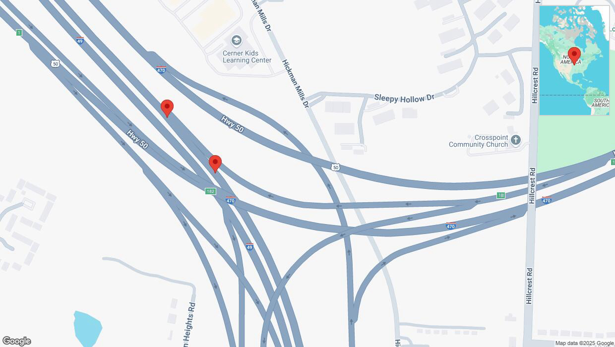 A detailed map that shows the affected road due to 'Broken down vehicle on northbound I-40/US-71 in Kansas City' on April 2nd at 7:38 p.m.
