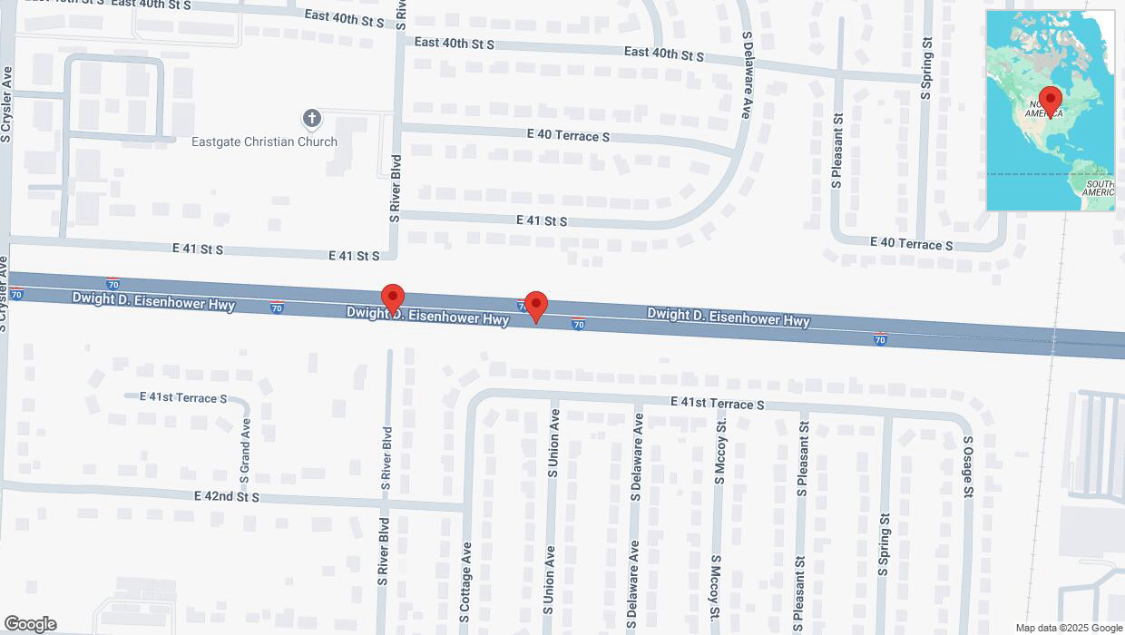 A detailed map that shows the affected road due to 'Broken down vehicle on eastbound I-70 in Independence' on April 2nd at 8:48 p.m.