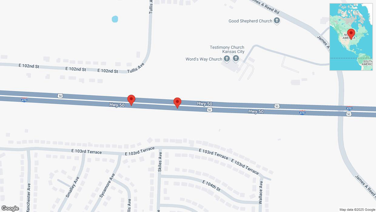 A detailed map that shows the affected road due to 'Broken down vehicle on eastbound I-470 in Kansas City' on April 2nd at 8:48 p.m.
