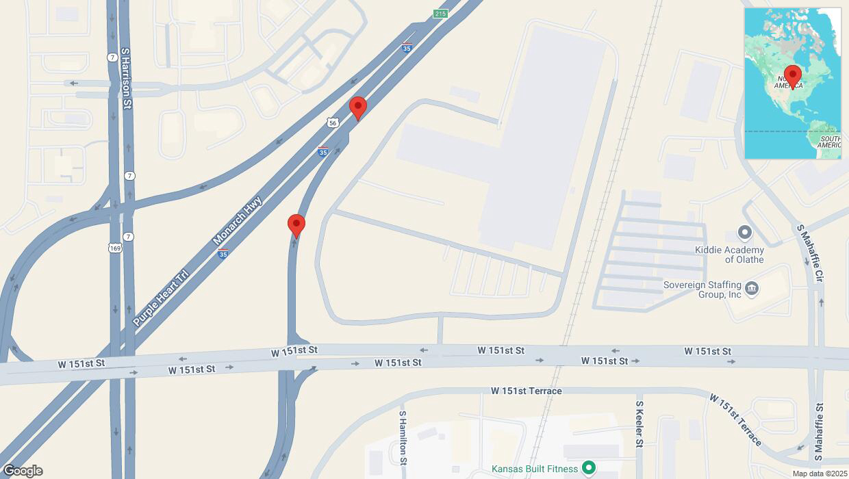 A detailed map that shows the affected road due to 'Broken down vehicle on northbound US-169 North in Olathe' on April 2nd at 9 p.m.
