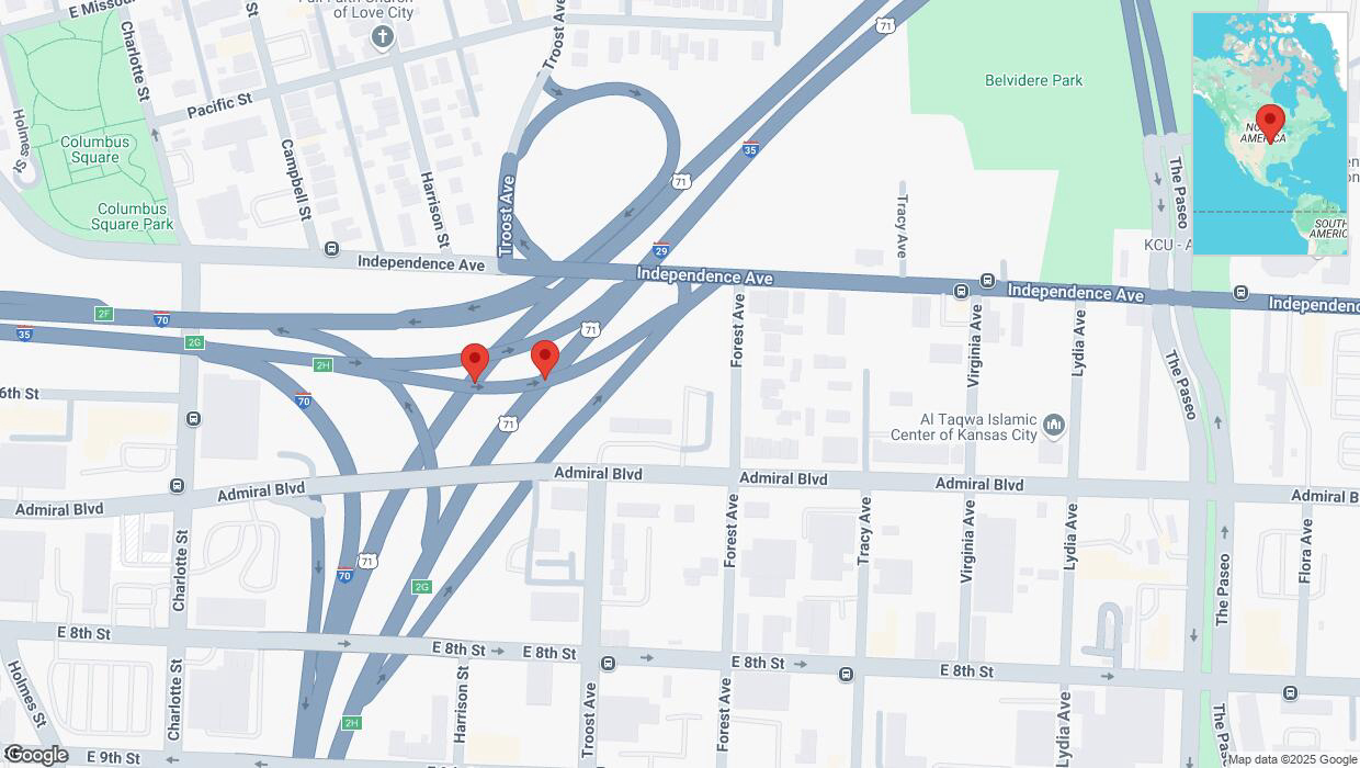 A detailed map that shows the affected road due to 'Broken down vehicle on eastbound US-24 East in Kansas City' on April 2nd at 9:11 p.m.
