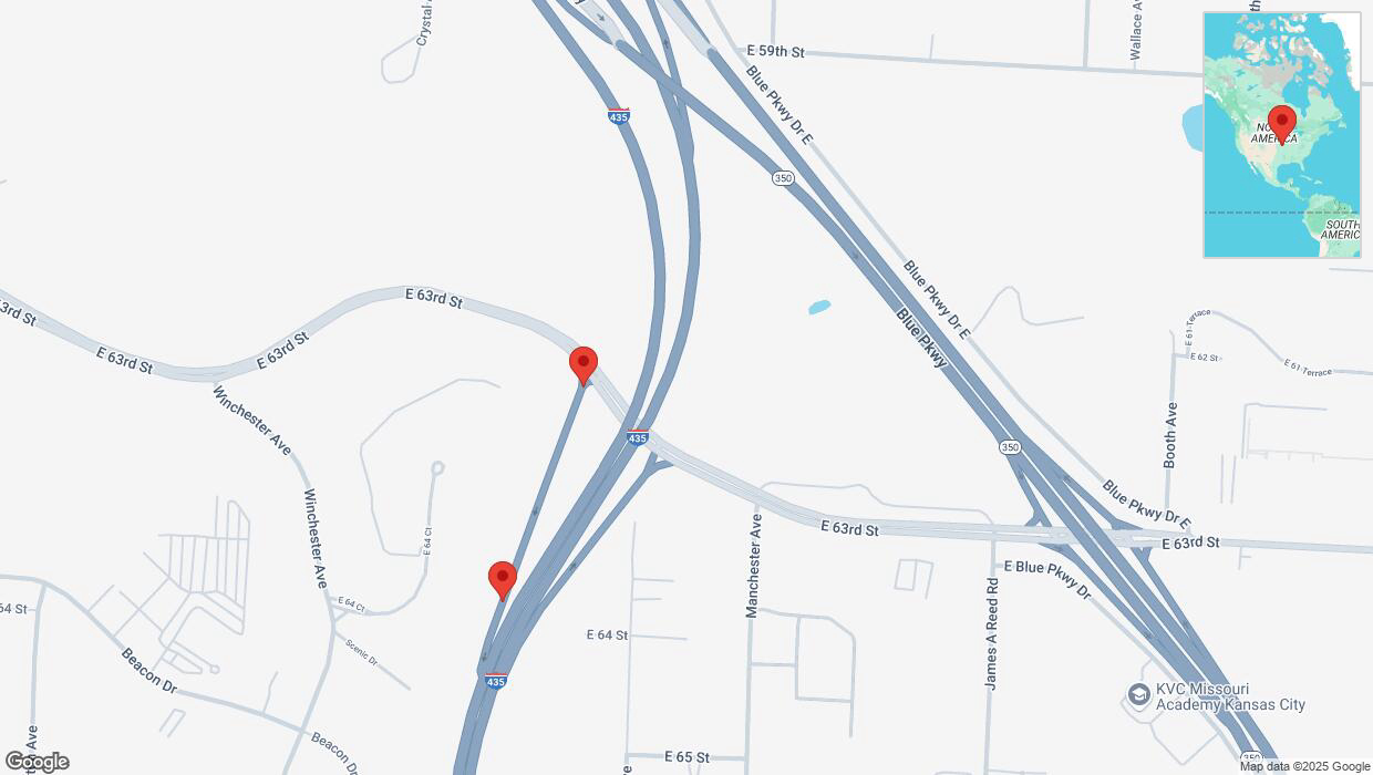 A detailed map that shows the affected road due to 'Broken down vehicle on East 63rd Street in Kansas City' on April 2nd at 9:58 p.m.
