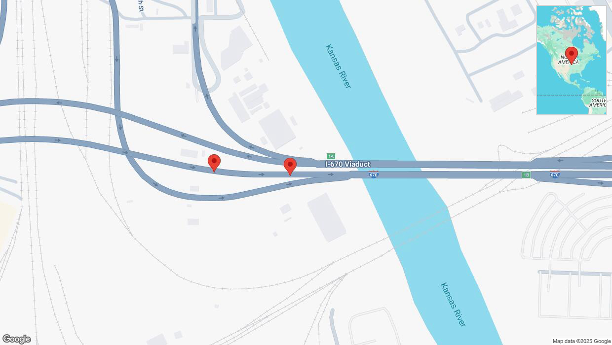 A detailed map that shows the affected road due to 'Broken down vehicle on eastbound I-670 in Kansas City' on April 3rd at 8:15 p.m.