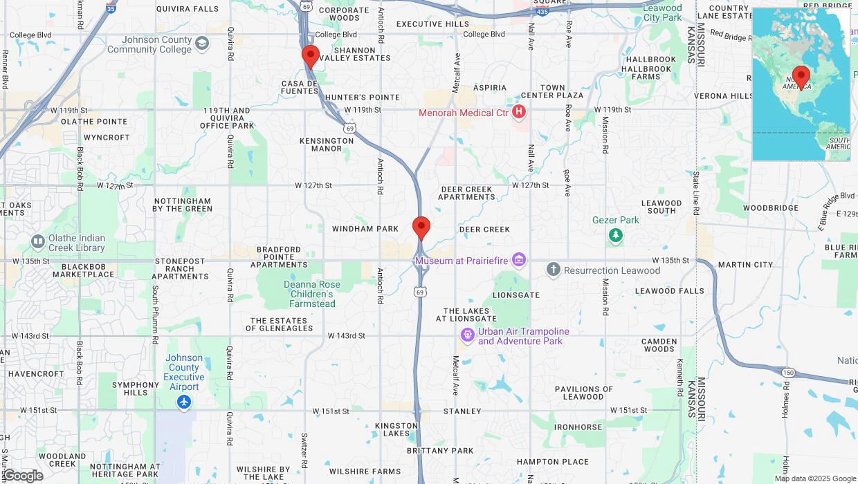 A detailed map that shows the affected road due to 'Lane on US-69 closed in Overland Park' on April 3rd at 12:11 p.m.