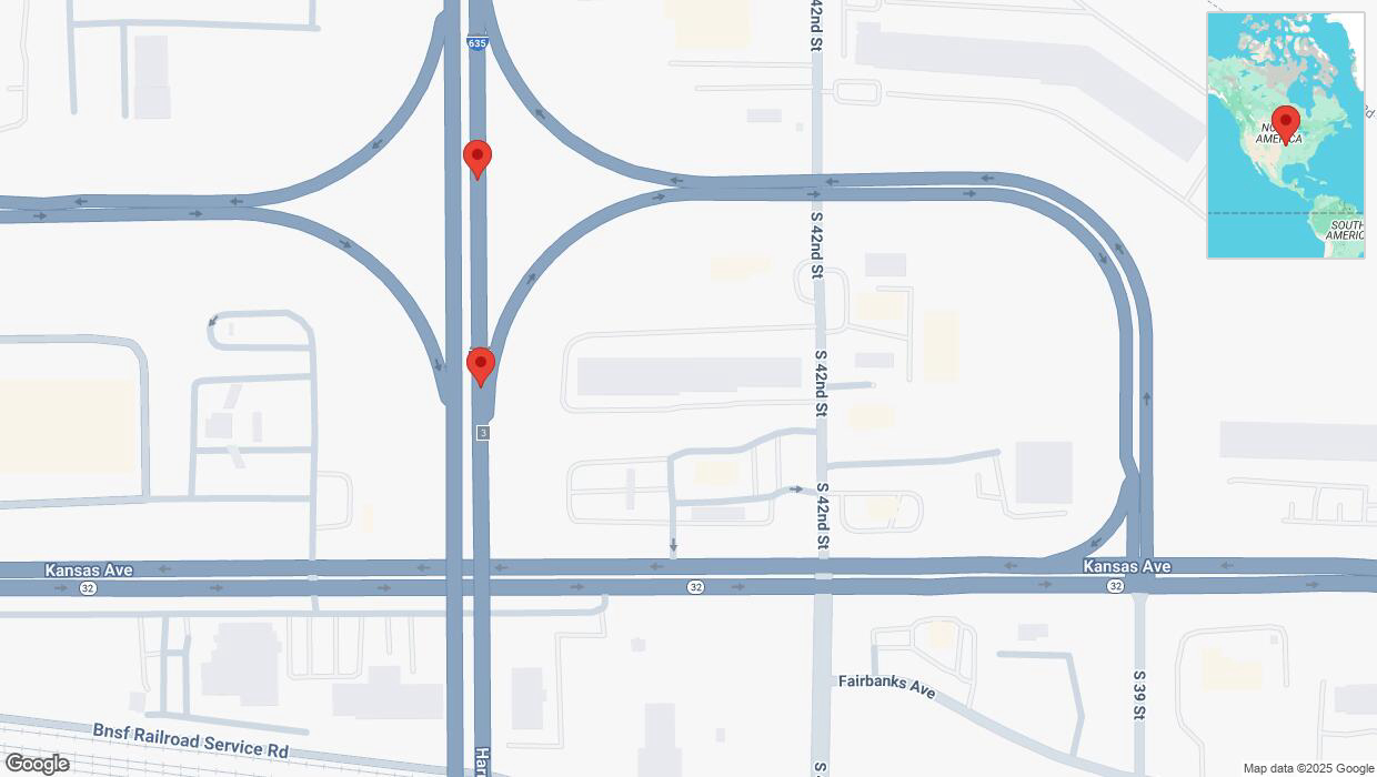 A detailed map that shows the affected road due to 'Broken down vehicle on northbound I-635 in Kansas City' on April 3rd at 12:38 p.m.