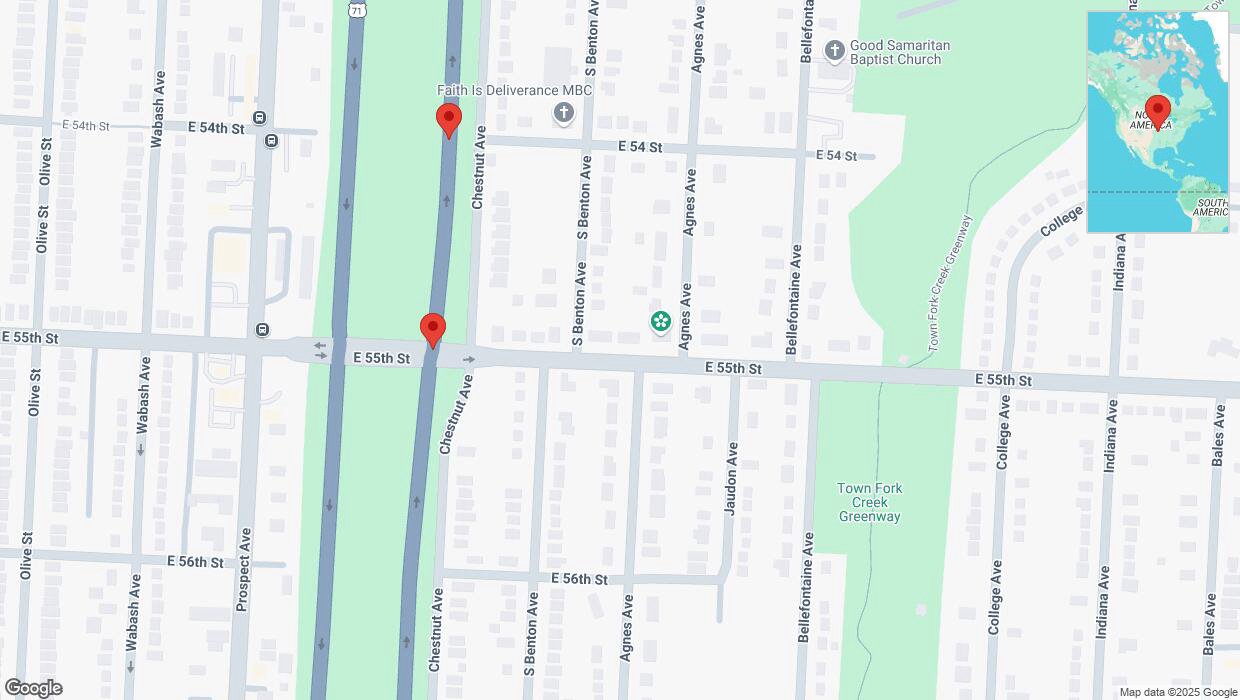 A detailed map that shows the affected road due to 'Crash reported on northbound the Bruce R Watkins Expressway/US-71 in Kansas City' on April 3rd at 1:54 p.m.