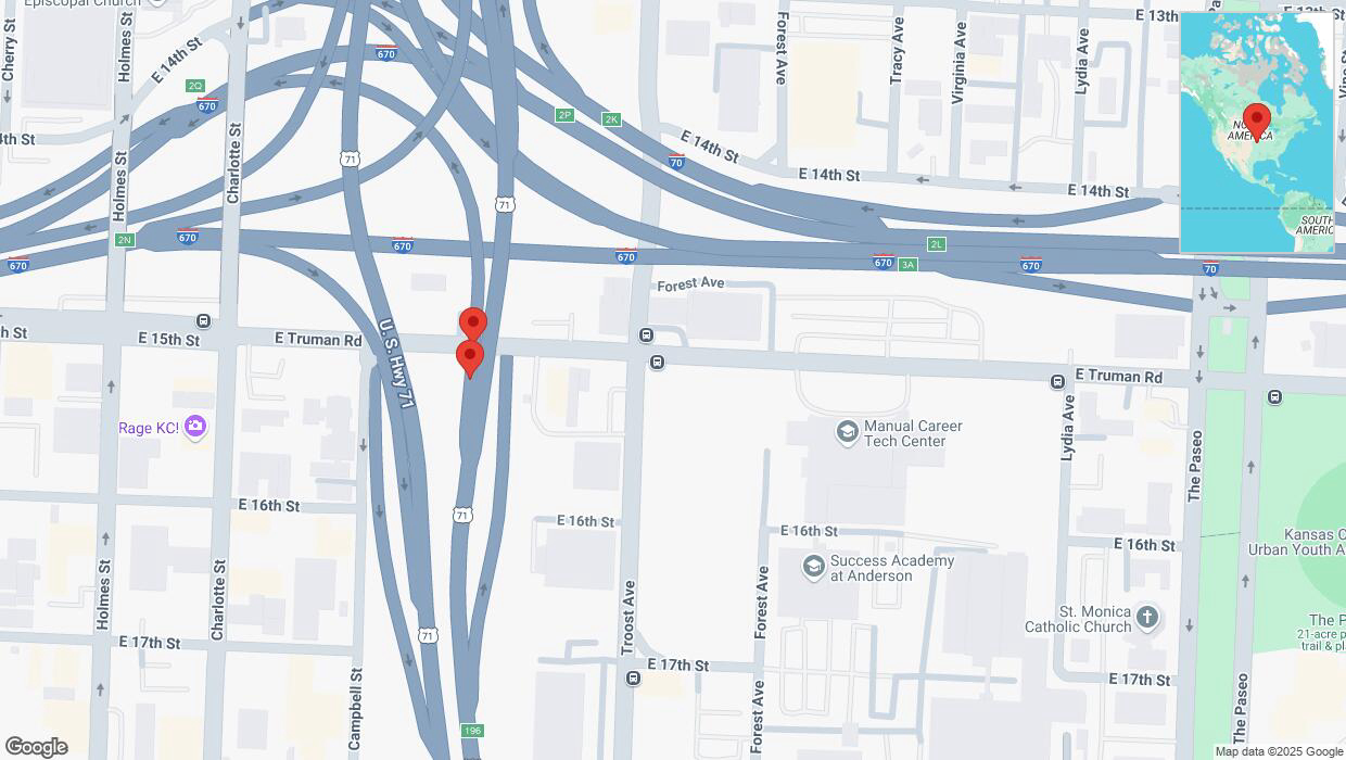 A detailed map that shows the affected road due to 'Kansas City: East Truman Road closed' on April 3rd at 2 p.m.