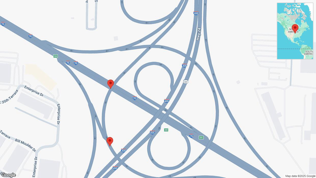 A detailed map that shows the affected road due to 'Broken down vehicle on the George Brett Super Highway in Kansas City' on April 3rd at 3:05 p.m.